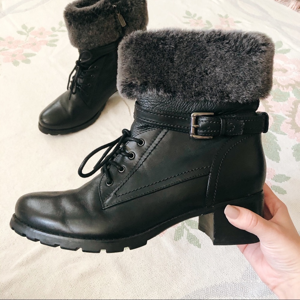 BLACK BLONDO FAUX FUR BUCKLE HEELED BOOTIES